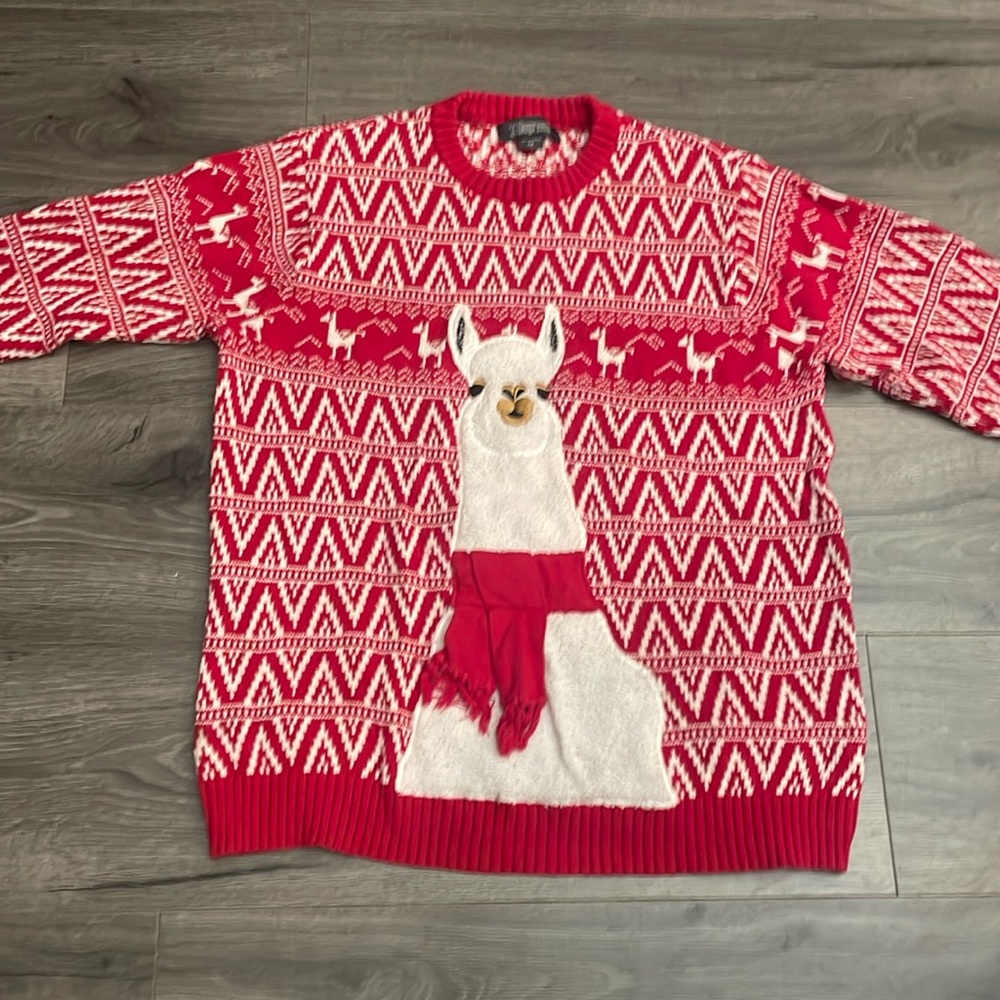 33 degrees Ugly Christmas Sweater Red with white Llama, size Medium, unisex